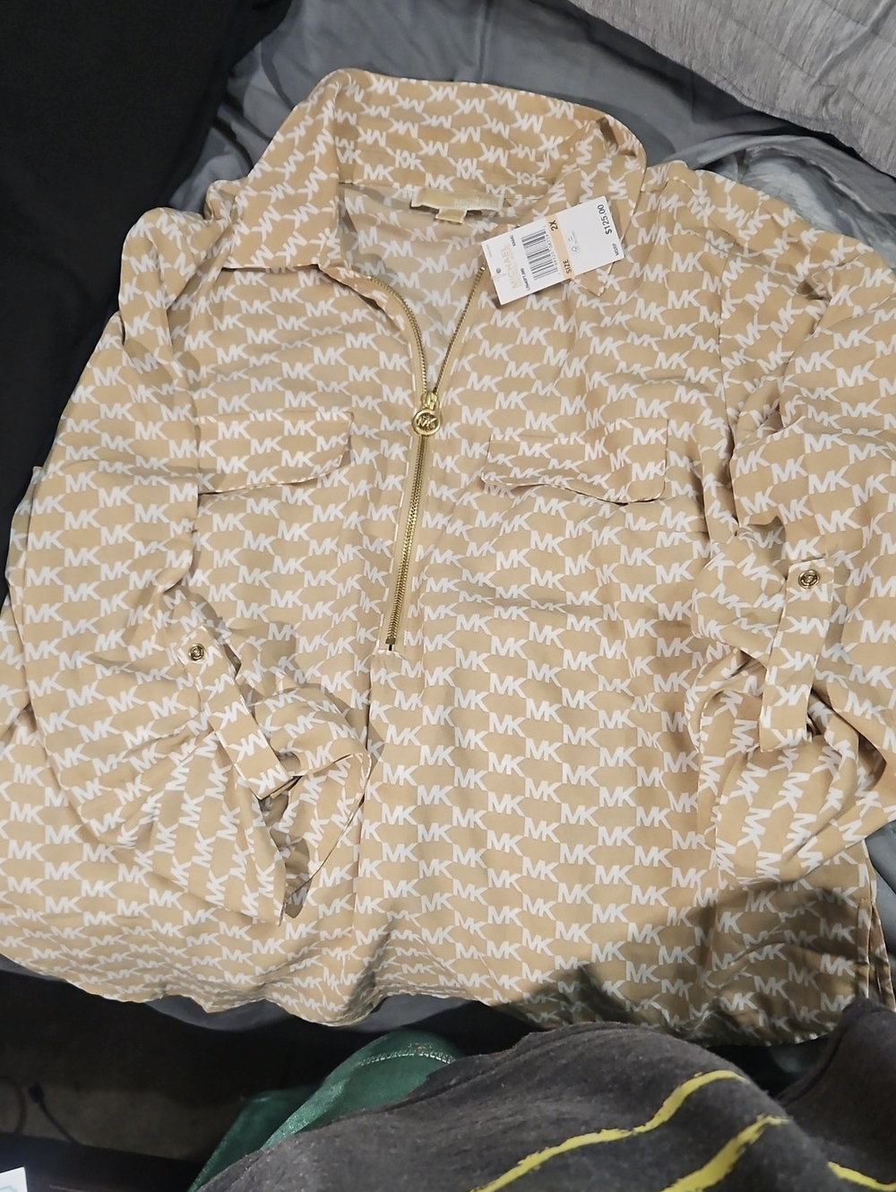 Michael Kors Tan/Khaki and White Logo Half-Zip Shirt - Picture 6 of 7